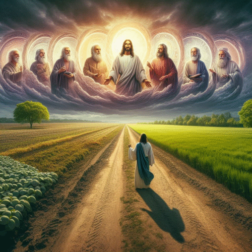 Revelation - greetings to the seven churches, signified by a man walking on the road between the churches, with a vision of Jesus in the clouds speaking to the leaders of the seven churches.