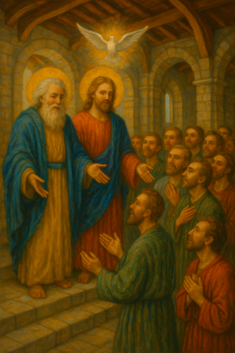 Revelation - A visualization of greetings from The Trinity Father, Son, and Holy Spirit to people in a small church in the first century AD