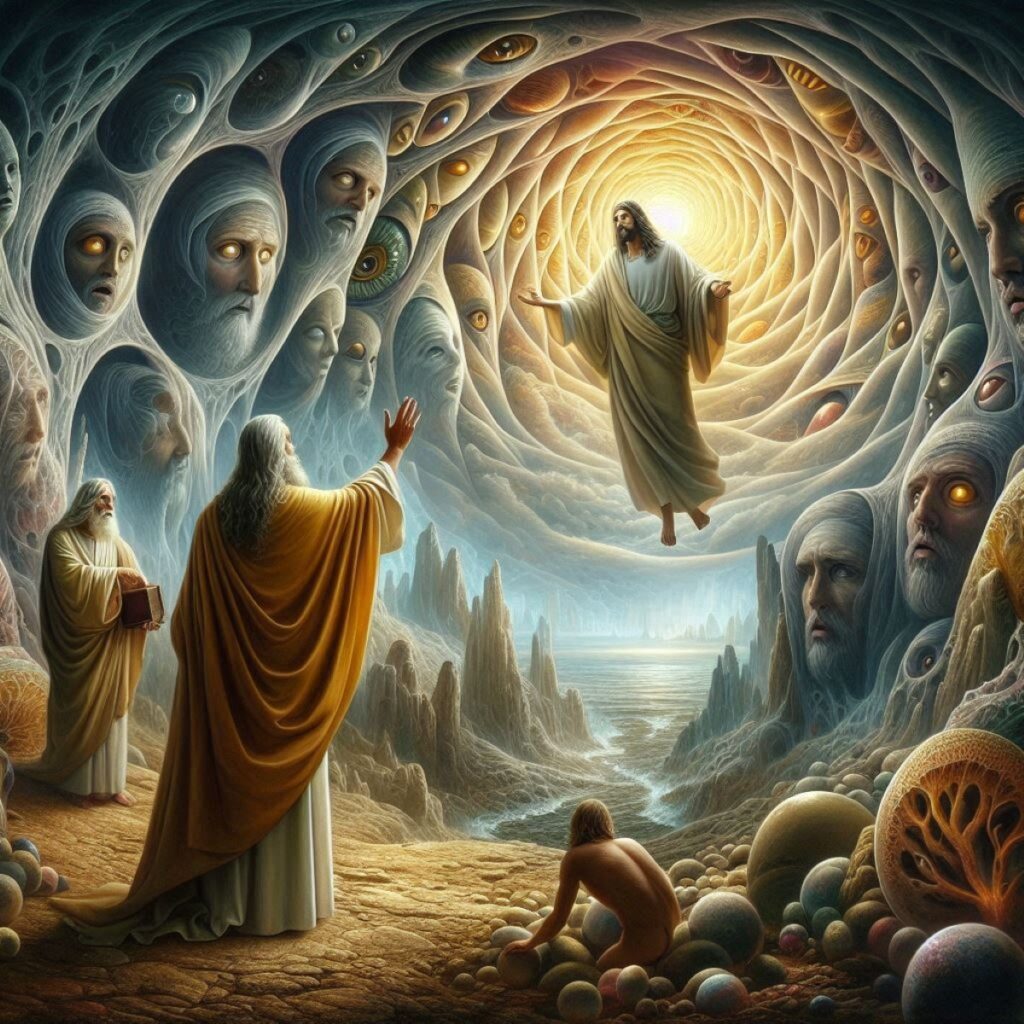 AN AI image from Revelation 1, the prologue and greeting. It's a combination of Jesus, visible in Heaven with faces in the clouds that may be the elders. On earth, we wee two old men and a younger man. It's so surreal. But then, how could any person really describe something like they've never seen before?