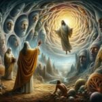 AN AI image from Revelation 1, the prologue and greeting. It's a combination of Jesus, visible in Heaven with faces in the clouds that may be the elders. On earth, we wee two old men and a younger man. It's so surreal. But then, how could any person really describe something like they've never seen before?