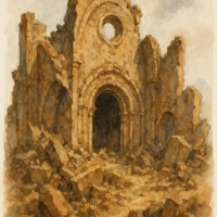 Watercolor image of an old church, left in ruins by earthquakes and time, but still recognizable as a church, to illustrae the symbolism of the letter to the church in Ephesus in the book of Revelation,