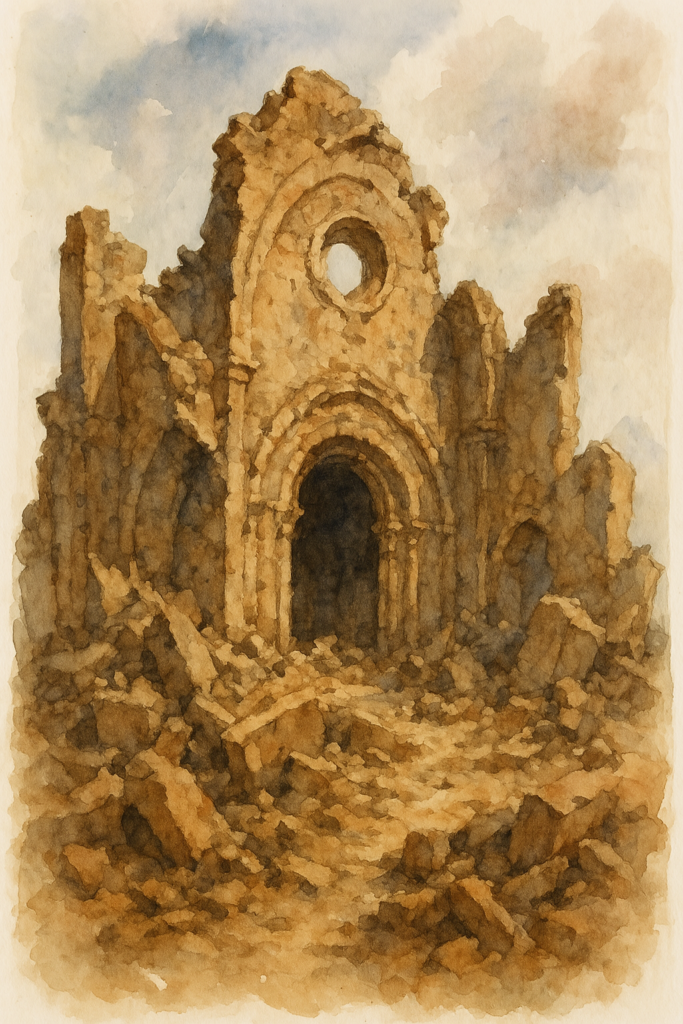 Watercolor image of an old church, left in ruins by earthquakes and time, but still recognizable as a church, to illustrae the symbolism of the letter to the church in Ephesus in the book of Revelation,