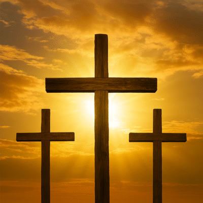 Three empty crosses, with sunlight behind them, to indicate Jesus is risen, and we will be as well.