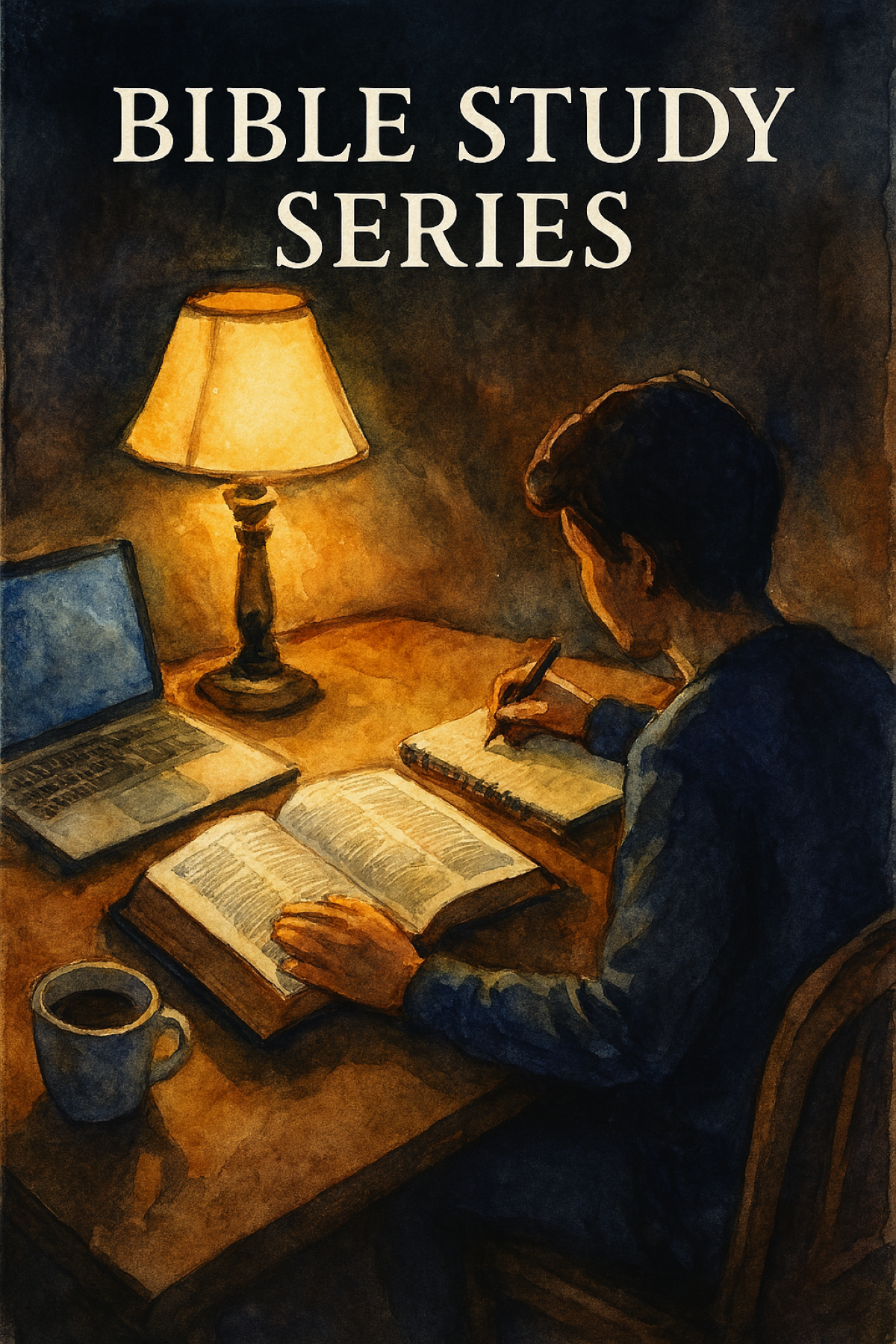 Bible study series: illustrated by a person sitting at a desk with a traditional Bible book, a computer notebook for research, and a pad of paper and pencil for taking notes. The lamp on the table is the only light in the room. A cup of coffee (or tea) completes the scene.