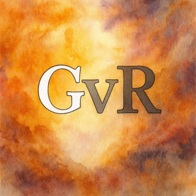 GvR: the G is white, the vR is medium gray, and the background is an ethereal swirls of warm colors.