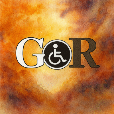 The GvR logo, modified to be a white cap G, a dark gray Cap R, and the v replace with a wheelchair for accessibility symbolism
