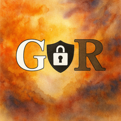 The GvR logo, modified to be a white cap G, a dark gray Cap R, and the v replace with a lock and shield icon for the privay statement symbolism