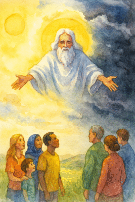 Revelation A book of hope through relationship: illustrated by a watercolor of God reaching to 2 groups of people.  One is in sunlight while responding to God's call of love.  The other is in darkness as they continue to reject that same offer.