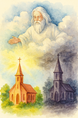 God versus religion theme illustrated by: a watercolor shows God gently watching from the clouds, His presence serene and encompassing. Below, two churches stand in stark contrast: one bathed in warm sunlight and vibrant skies; the other cloaked in somber clouds.