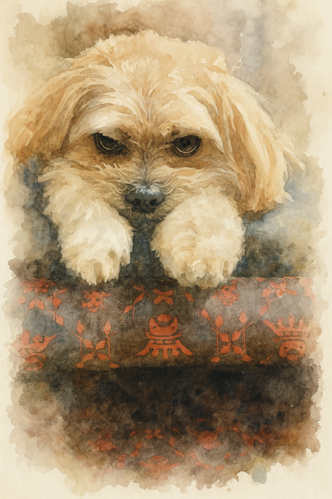 Cream-colored Maltipoo with wavy fur resting its head and paws on a patterned cushion, looking directly at the viewer.
