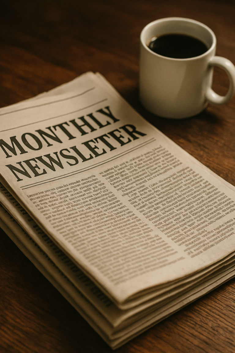 A stack of monthly newsletters with a coffee cup next to it.
