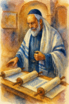 A watercolor image depicting a rabbi standing at a large wooden table inside a synagogue, surrounded by three open scrolls filled with Hebrew script. His gesture and posture evoke the oral tradition of &ldquo;stringing pearls in the Bible&rdquo;&mdash;teaching by linking Scripture passages together. The soft brushstrokes and warm tones create a reverent, contemplative atmosphere that beautifully captures the layered nature of ancient teaching.