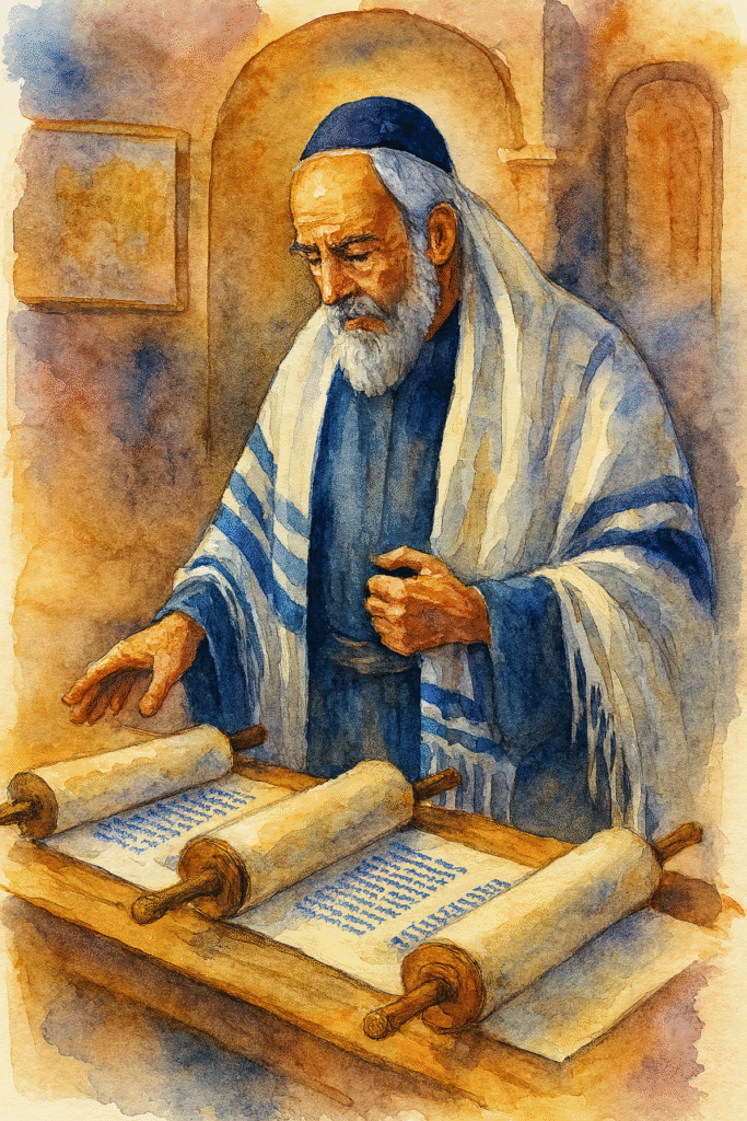 A watercolor image depicting a rabbi standing at a large wooden table inside a synagogue, surrounded by three open scrolls filled with Hebrew script. His gesture and posture evoke the oral tradition of “stringing pearls in the Bible”—teaching by linking Scripture passages together. The soft brushstrokes and warm tones create a reverent, contemplative atmosphere that beautifully captures the layered nature of ancient teaching.
