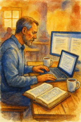 Middle-aged man in a coffee shop studying Scripture with a laptop, external monitor, and open Bible. He&rsquo;s preparing notes using modern tools, echoing the ancient method of stringing pearls