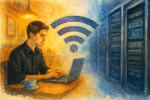 a watercolor-style image that captures a young man in a cozy coffee shop, connected by a glowing Wi-Fi signal to a sleek data center filled with server racks. Working on a web site a about which of the many "gods" in the world can truly save us.