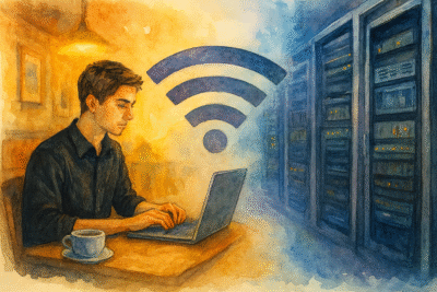 a watercolor-style image that captures a young man in a cozy coffee shop, connected by a glowing Wi-Fi signal to a sleek data center filled with server racks. Working on a web site a about which of the many "gods" in the world can truly save us.