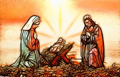 A romanticized image of the birth of Jesus showing Joseph, Mary and Jesus with a bright sun shining on them.