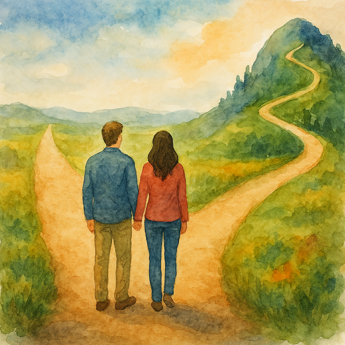 A couple faced with two paths, the one taken will be determined by what they choose to believe when it comes to the meaning of 'believe/believe in/follow God.'