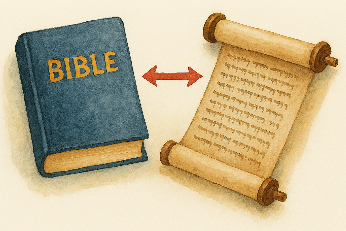 Modern Bible and ancient scrolls - point to each other, with a red bi-directional arrow for Jesus in both.