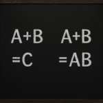 A blackboard image showing two ways of thinking. On the left, Western logic seeks one correct answer &mdash; A + B = C. On the right, Eastern tradition embraces paradox &mdash; A + B = AB.
