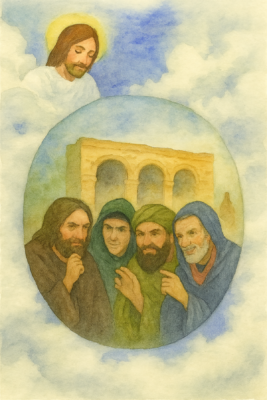 Watercolor with Jesus watching from Heaven as four men secretly plot beneath ancient arches - illustrating "I know that you cannot tolerate wicked men"