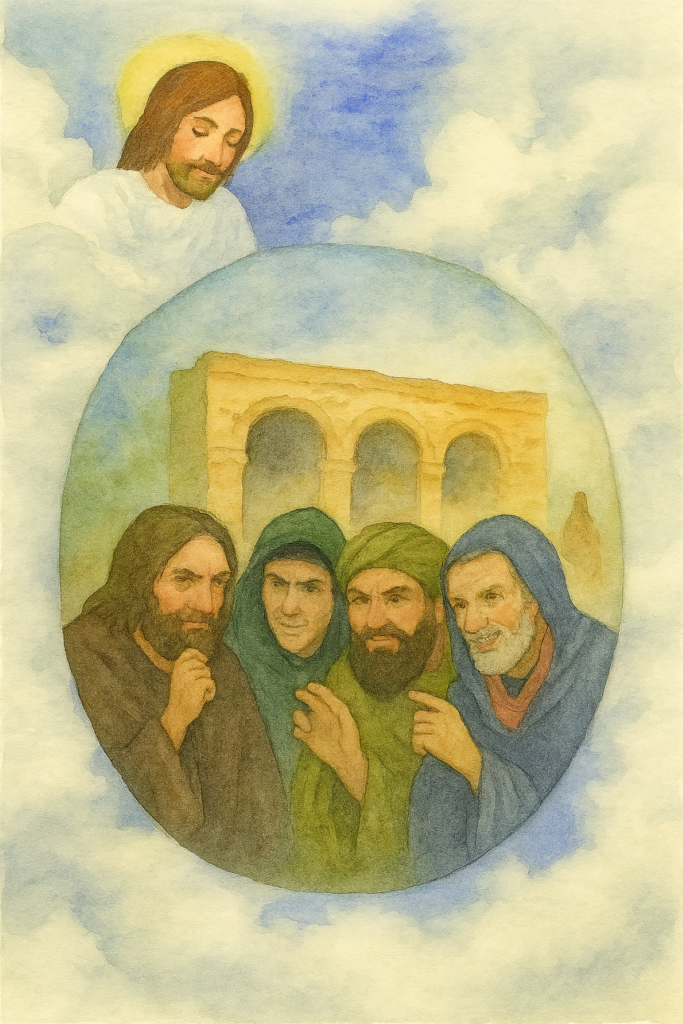 Watercolor with Jesus watching from Heaven as four men secretly plot beneath ancient arches - illustrating "I know that you cannot tolerate wicked men"