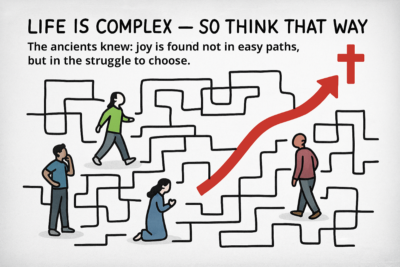 Life Is Complex: illustrated with comic-style maze with diverse people navigating paths toward a red cross, symbolizing choice and faith.