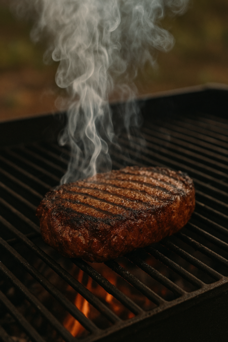 an image of a nice juicy steak on a BBQ with the smoke/aroma rising from it