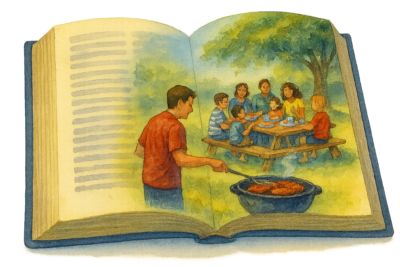 a real life scene of people BBQing at a park on the pages of an open Bible to illustrate the Bible's lens on real life.