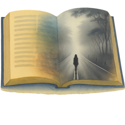 A black and white photo of a person walking alone down an empty road through a misty forest, overlayed onto the pages of a Bible.