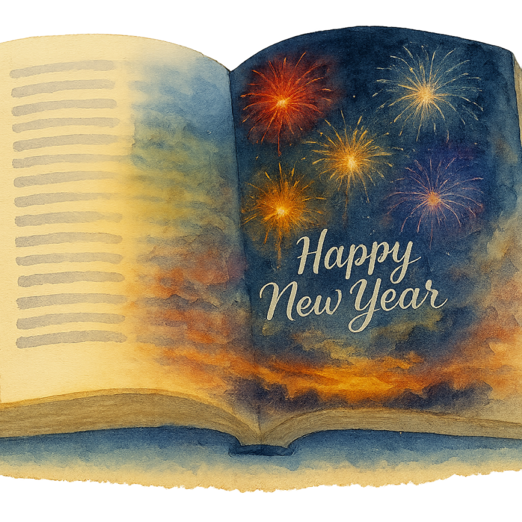 Fireworks going off in the sky with Happy New Year written below them.