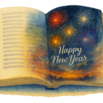 Fireworks going off in the sky with Happy New Year written below them.