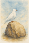 A watercolor of a rock with a white dove perched on top of it - to illustrate when Jesus said, "On this rock I will build my church".