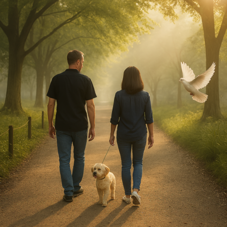 a man with his wife walking down the path of life with their maltipoo and the presence of the Spirit of God shown by the white dove.