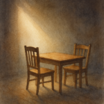A wooden table and two empty chairs lit by a warm beam of light, suggesting a quiet, waiting conversation.