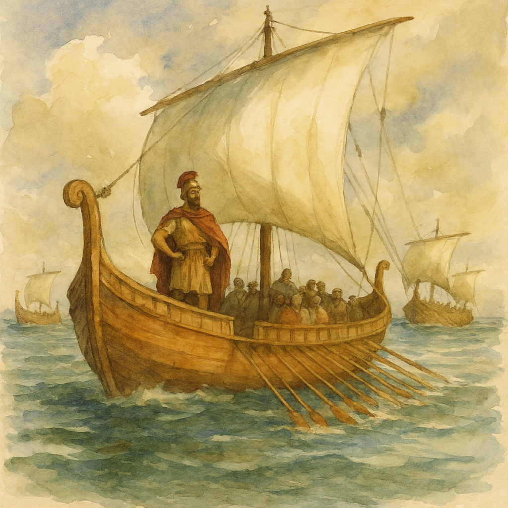 A watercolor of a first‑century Greek ship departing a harbor, symbolizing an apostolos—one sent out with authority on a mission.