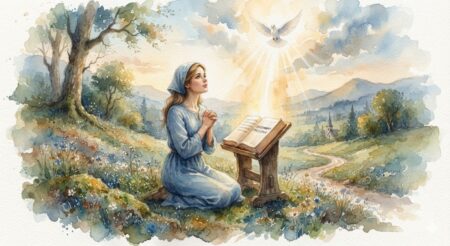 Watercolor illustration of a woman kneeling in prayer before an open Bible on a wooden stand, looking up at a white dove surrounded by heavenly light rays in a peaceful landscape.