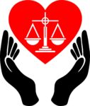 A pair of hands, holding up a heart shaped object with evenly balanced set of weight scales to indicate love and justice.