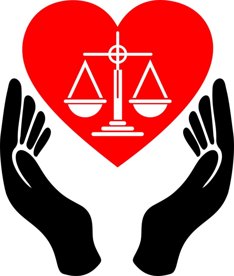 A pair of hands, holding up a heart shaped object with evenly balanced set of weight scales to indicate love and justice.