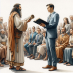 A watercolor of two men standing in from of a group of people. Both are teaching the group. One is dressed as in Biblical times and holding a scroll. The other is wearing modern-day business casual clothes and is holding a black book. The group being taught is standing with some wearing Biblical age clothes and the rest wearing modern day casual clothing.