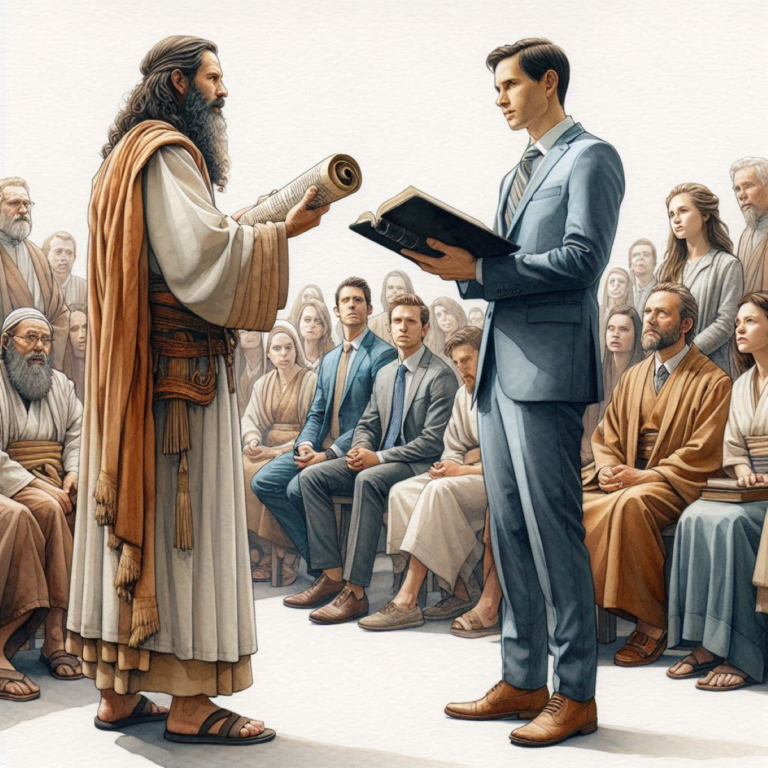 A watercolor of two men standing in from of a group of people. Both are teaching the group. One is dressed as in Biblical times and holding a scroll. The other is wearing modern-day business casual clothes and is holding a black book. The group being taught is standing with some wearing Biblical age clothes and the rest wearing modern day casual clothing.