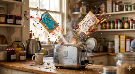 surrealist image of two pop tarts exploding out of a toaster on a kitchen counter.