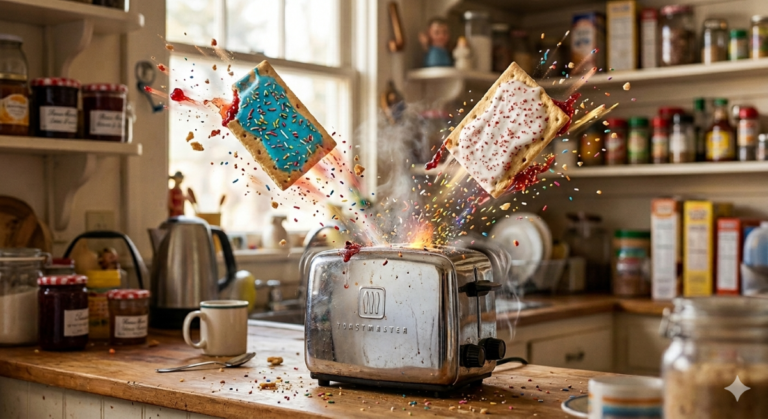 surrealist image of two pop tarts exploding out of a toaster on a kitchen counter.