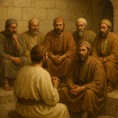 a group of men from a first century church, questioning a man seated in from of them to see if he truly is an apostle from God.