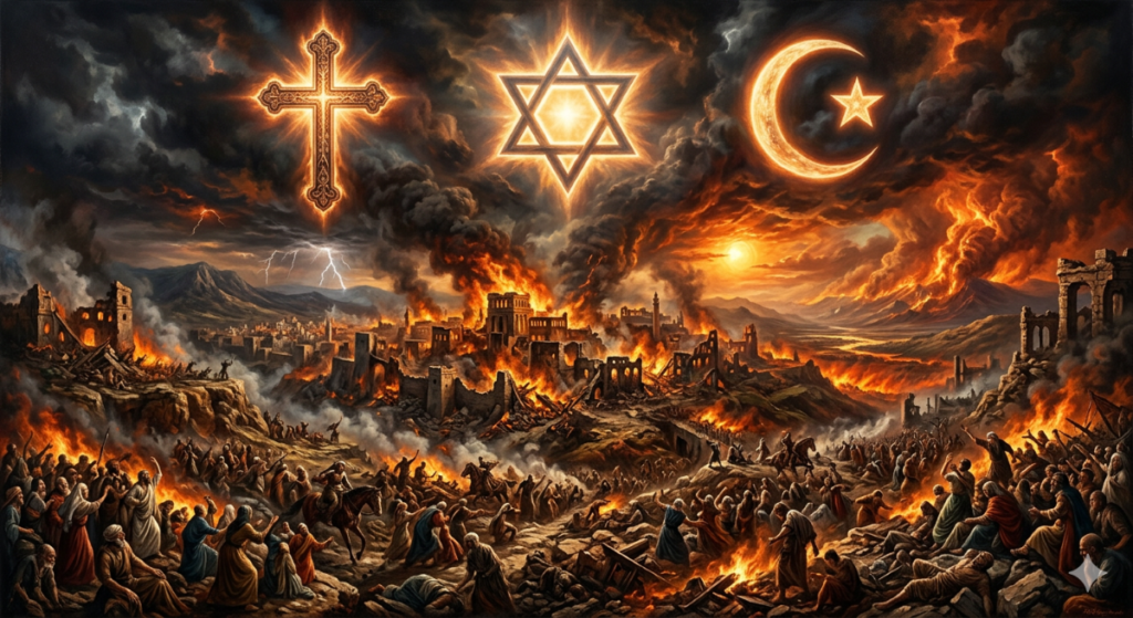an image of Armageddon from the Bible, with a Christian cross, a Jewish star of David, and an Islamic crescent moon across the top, in a dark sky above the fray.