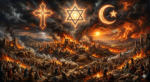 an image of Armageddon from the Bible, with a Christian cross, a Jewish star of David, and an Islamic crescent moon across the top, in a dark sky above the fray.