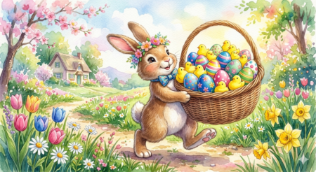 Easter bunny walking down a bright country lane carrying a huge basket of brightly colored eggs and yellow marshmallow chicks.