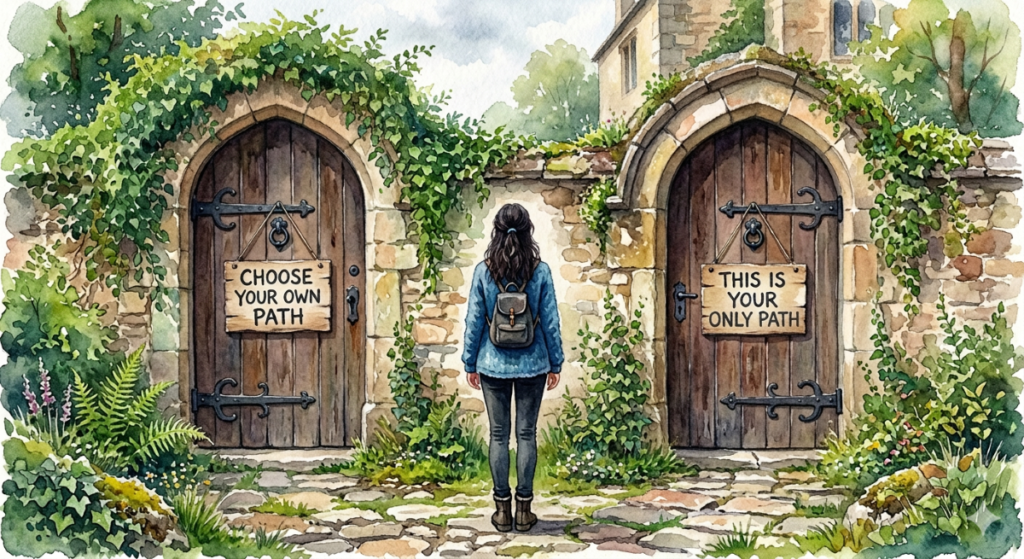 A young woman faces two closed wooden doors set in a stone wall, one labeled “Choose your own path” and the other “This is your only path.”