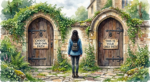 A young woman faces two closed wooden doors set in a stone wall, one labeled “Choose your own path” and the other “This is your only path.”