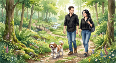 A vibrant watercolor illustration of a man and a woman with long black hair, both dressed in black button-down shirts and blue jeans, walking along a dirt trail in a lush, green forest. A small, fluffy white and brown Maltipoo dog leads the way. The scenic background features mossy trees, colorful wildflowers, a small wooden footbridge over a stream, and soft sunlight filtering through the canopy.